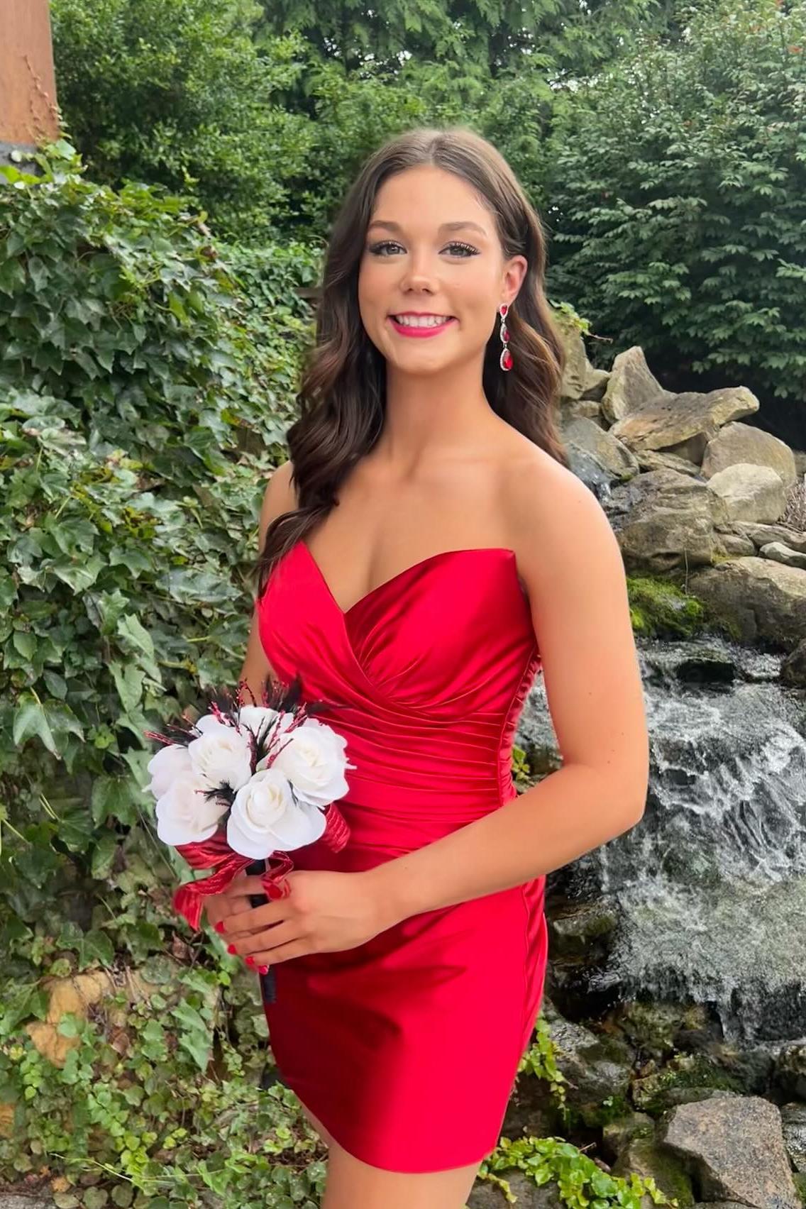 Red Strapless Ruched Fitted Homecoming Dress