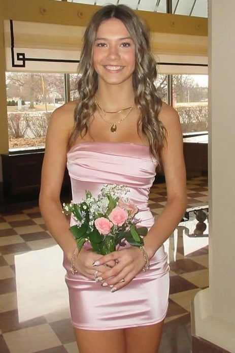 Strapless Pink Ruched Fitted Homecoming Dress