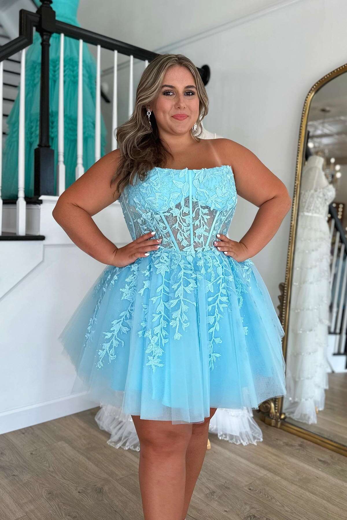 Lace Applique Blue Strapless Illusion A-line Homecoming Dress