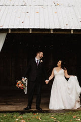 White Straps Lace Appliques Open Back Wedding Dress