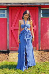 Halter Pink Chiffon Cutouts Ruffle Maxi Dress