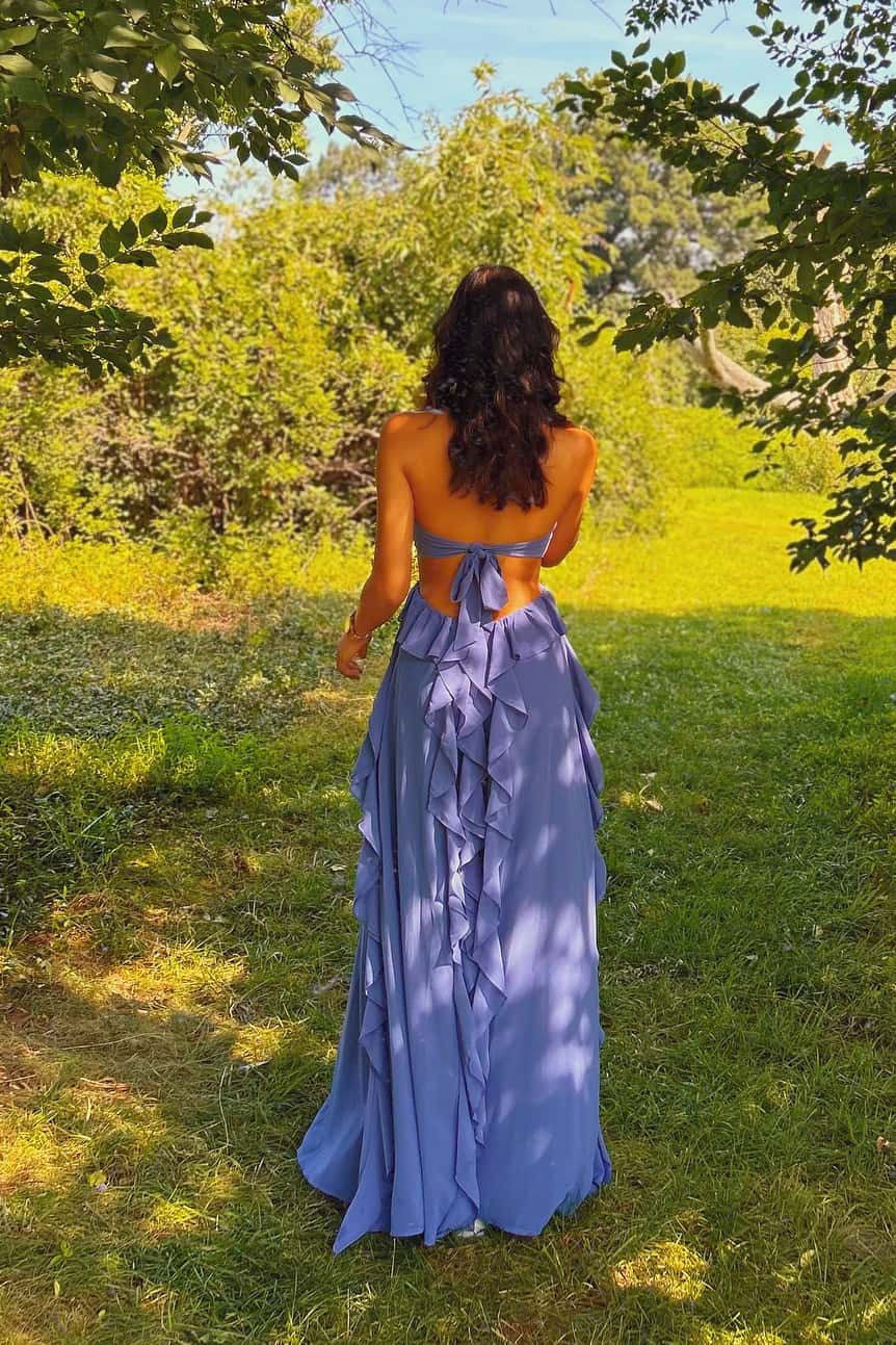Halter Pink Chiffon Cutouts Ruffle Maxi Dress