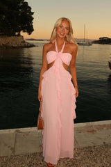 Halter Pink Chiffon Cutouts Ruffle Maxi Dress