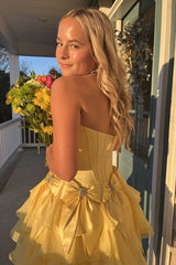 Strapless Yellow A-line Short Ruffle Dress with Bows