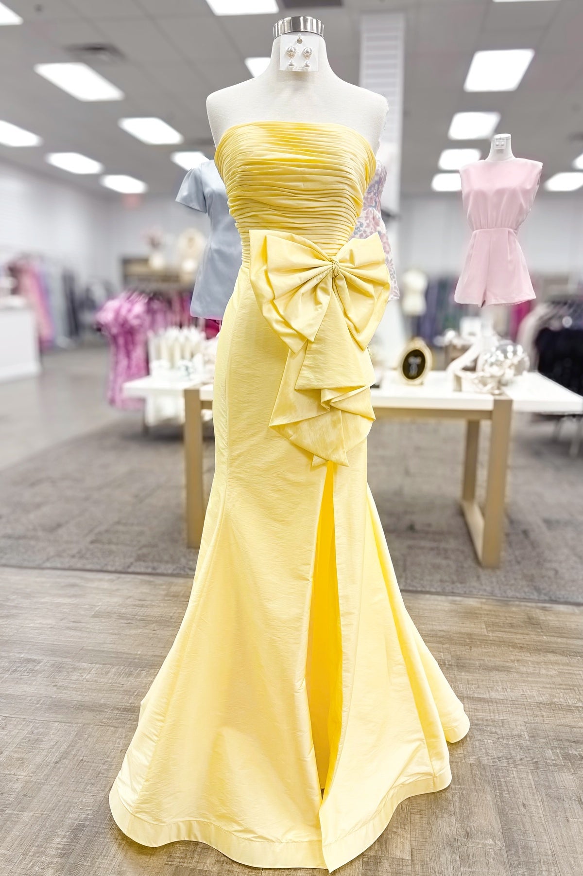 Strapless Pink Mermaid Slit Party Dress with Bow
