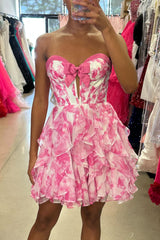 Sweetheart Pink Floral Ruffle Short Dress
