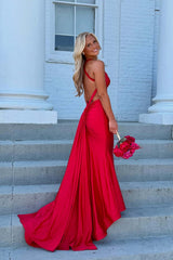 V-neck Pink Mermaid Long Dress with Train