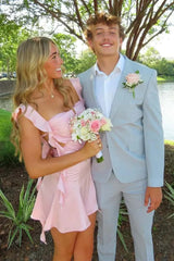 Pink Satin Ruffle Straps Short Dress