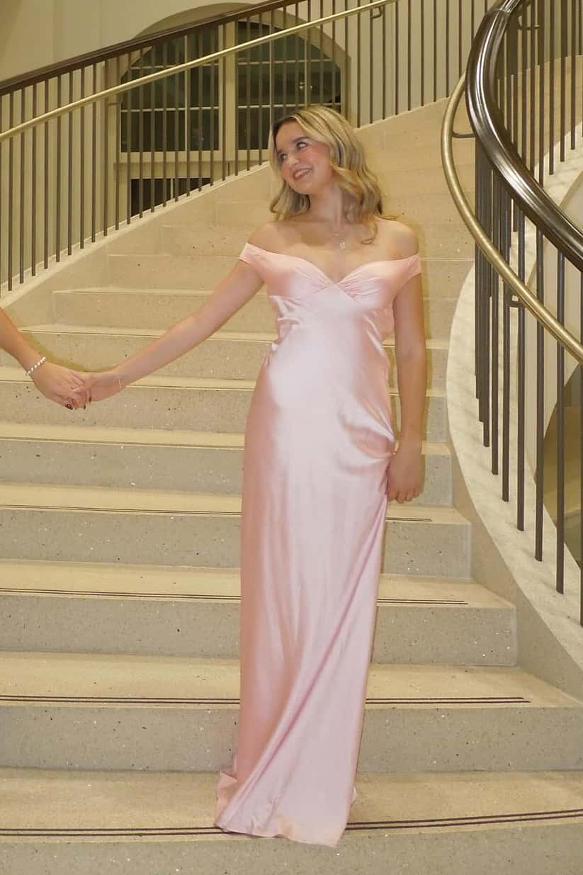 Off the Shoulder Fuchsia Satin Fitted Long Dress