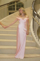 Off the Shoulder Fuchsia Satin Fitted Long Dress