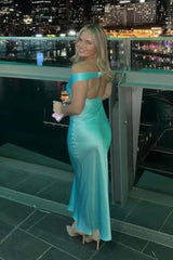 Off the Shoulder Aqua Satin Fitted Long Dress