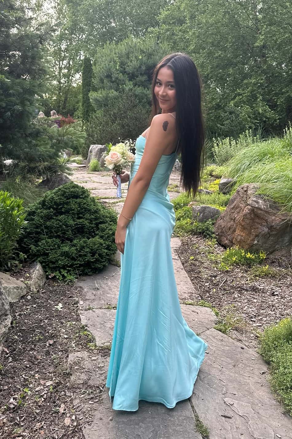Straps Aqua Satin Fitted Long Party Dress