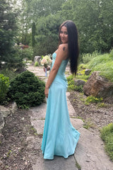 Straps Aqua Satin Fitted Long Party Dress