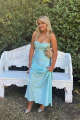 Straps Yellow Satin Fitted Long Party Dress