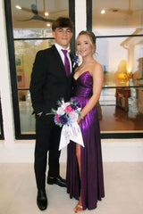 Purple Metallic Ruched Long Dress