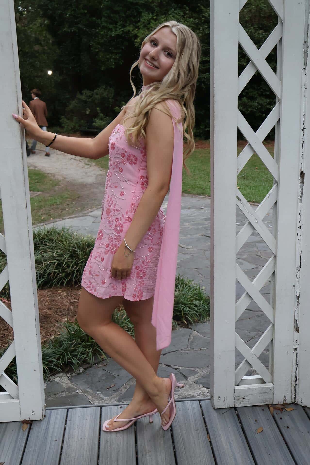 Strapless Pink Beaded Short Dress with Scarf