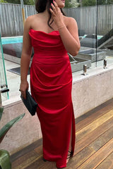 Red Satin Cowl Neck Ruched Dress