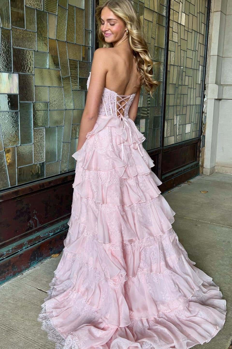 Pink Strapless Appliques Tiered Ruffle Long Formal Dress