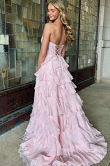 Pink Strapless Appliques Tiered Ruffle Long Formal Dress