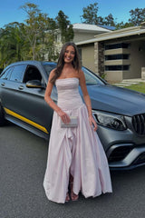 Strapless Pink Ruched Slit Dress