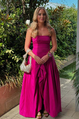 Strapless Fuchsia Ruched Slit Dress