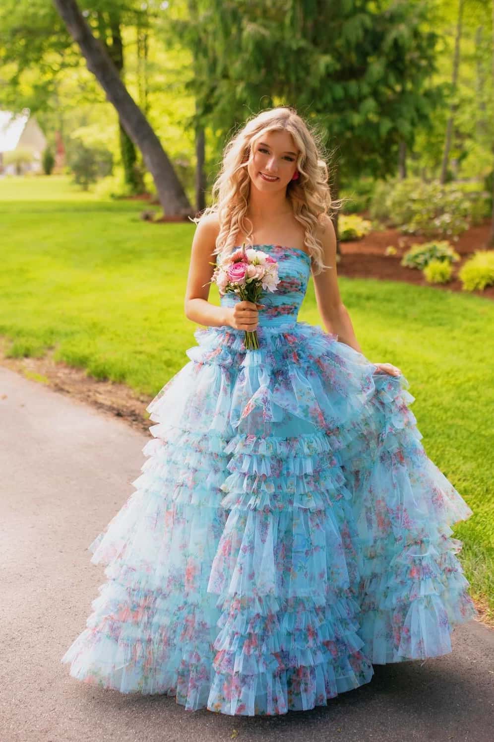 Blue Floral Strapless Tiered Formal Dress
