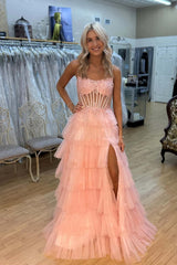 Pink Sheer Appliques Tiered Long Dress