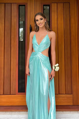 Cutouts Blue Metallic Long Dresss