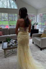 Strapless Yellow Lace Mermaid Prom Dress