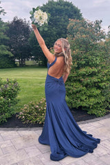 V Neck Navy Blue Twist Mermaid Formal Dress