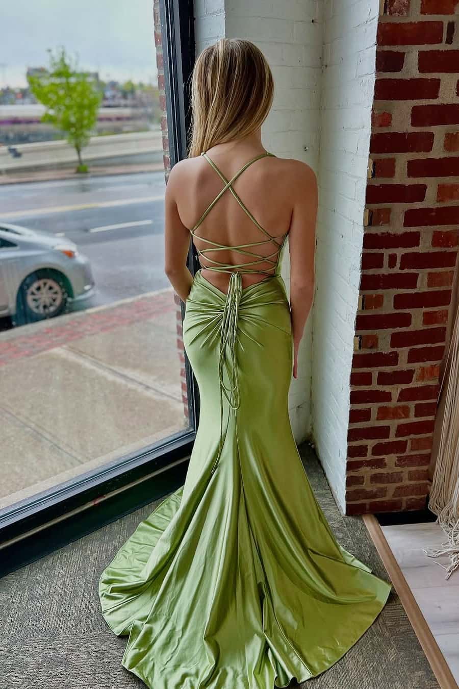 Sage Green V Neck Memaid Formal Dress
