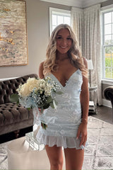 Sky Blue Lace Tight Ruffle Short Dress