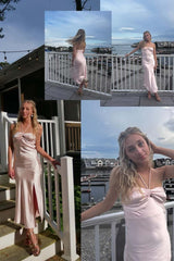 Pink Halter Soft Satin Maxi Dress