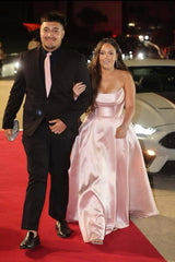 Beaded Cowl Neck Blue Satin A-line Dress