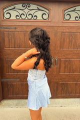Blue Strapless Appliques Draped Short Dress