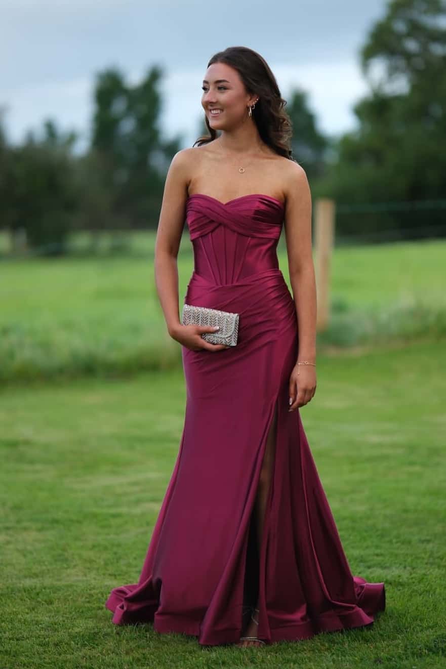 Burgundy Satin Ruched Fitted Long Dress