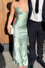 Sage Ruched V Neck Satin Fitted Dress