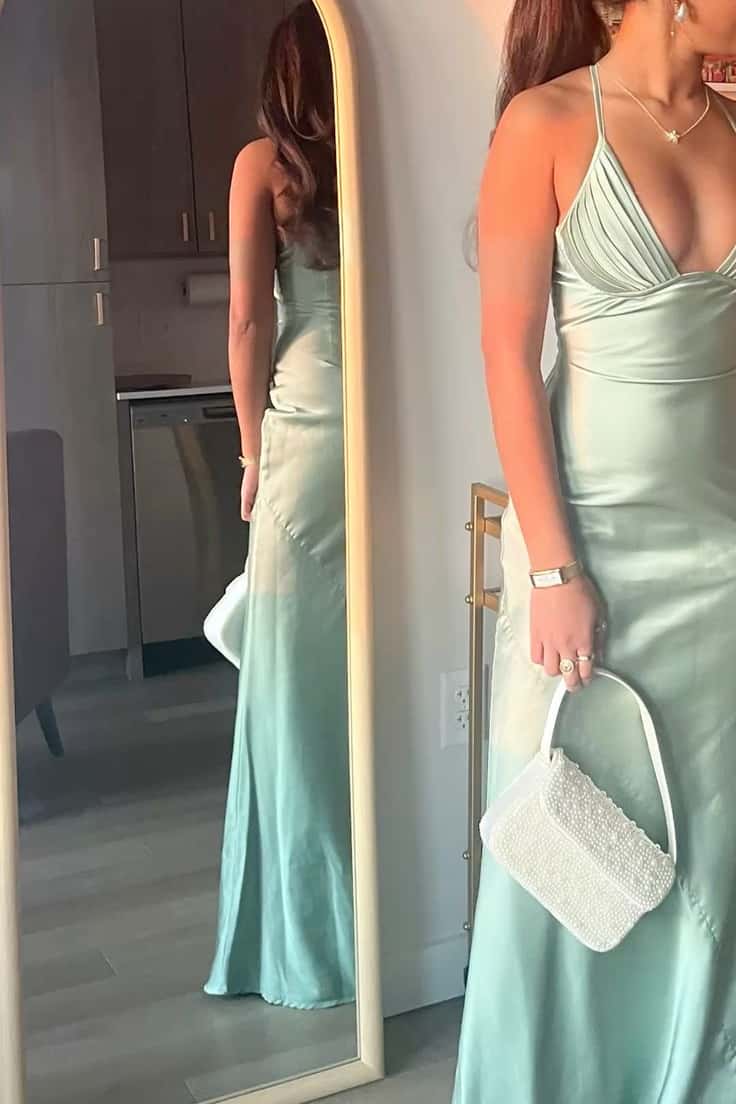 Sage Ruched V Neck Satin Fitted Dress