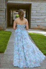 Blue Floral Ruffle A-line Long Dress