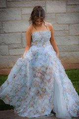 Blue Floral Ruffle A-line Long Dress