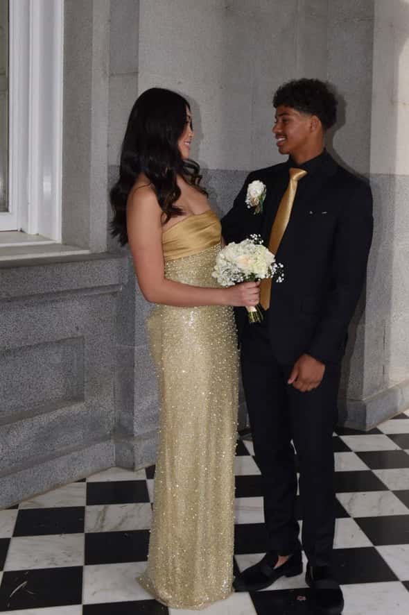 Gold Strapless Pearls Fitted Party Dress