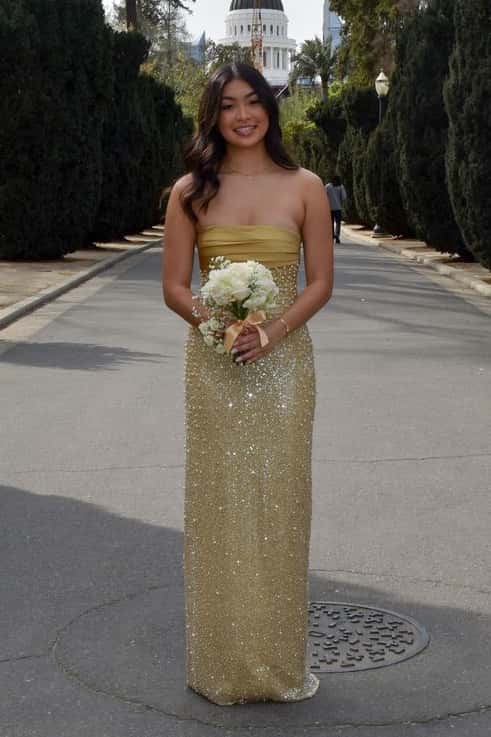Gold Strapless Pearls Fitted Party Dress
