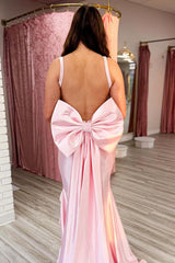 Pink Mermaid Backless Bow Long Prom Dress