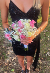 Champagne Sequin Ruched Tight Dress with Train