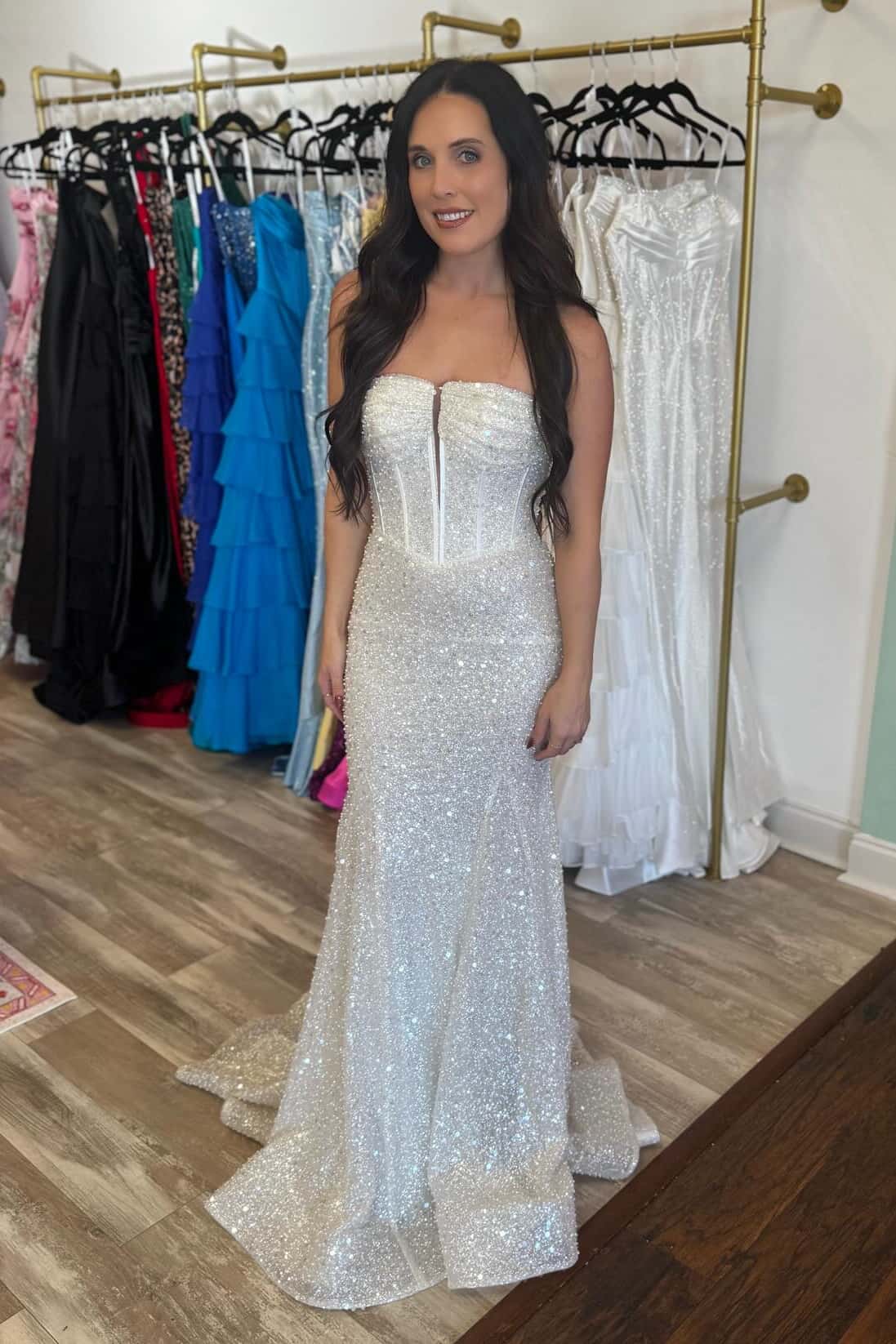Blue Sequin Ruched Mermaid Long Dress