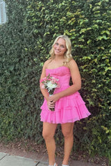 Hot Pink Strapless A-line Tiered Short Dress