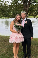 Strapless Pink Appliques Tiered Short Dress