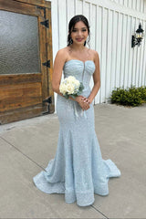 Blue Sequin Ruched Mermaid Long Dress