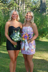 Strapless Purple Floral Embroidery Tight Short Dress