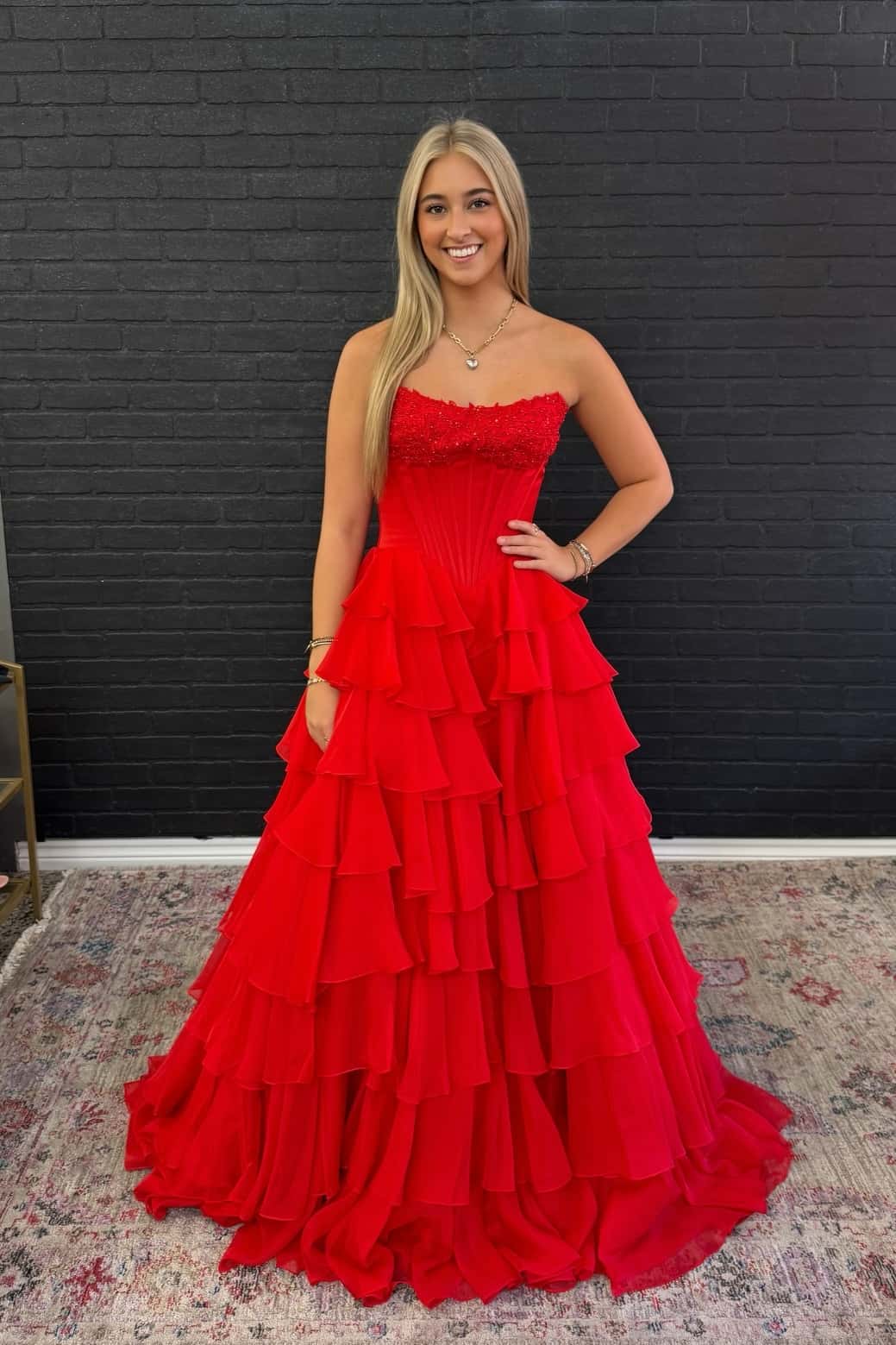Hot Pink Strapless A-line Tiered Long Dress